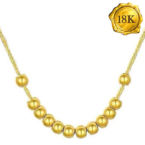 JLUXS 18K solid yellow gold necklace featuring graduated polished gold beads strung along a delicate chai