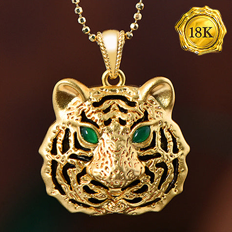 JLUXS GREEN CHALCEDONY & BLACK GARNET 18KT SOLID YELLOW GOLD TIGER HEAD PENDANT