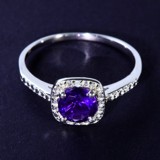 JLUXS Ladies White Gold Rhodium Over Sterling Silver Diamond & 0.70 Cts Amethyst Ring