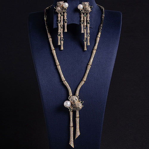 JLUXS Bamboo Design ! Ladies Yellow Gold Rhodium Over Sterling Silver Created White Sapphire & Shell Pearl Set